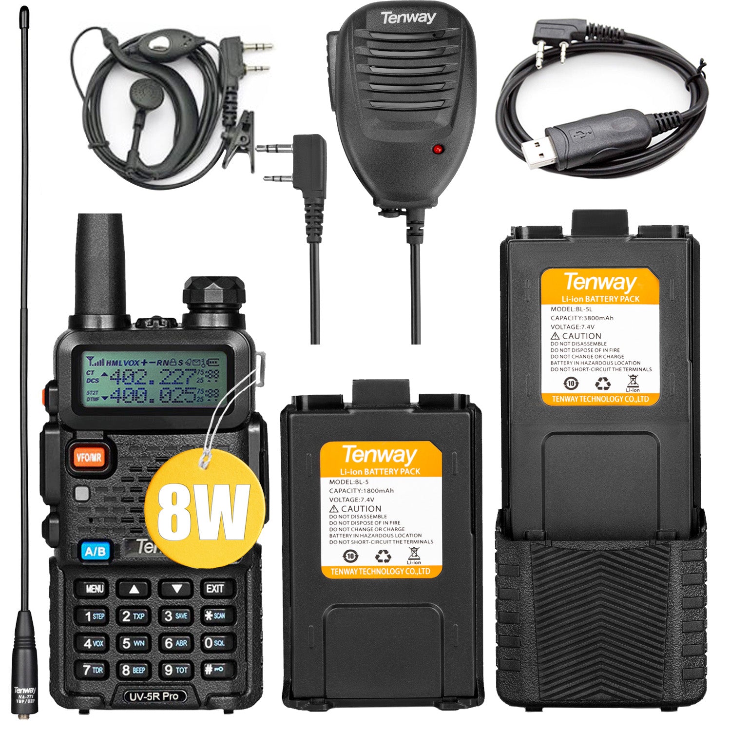 BAOFENG UV-5R 8W Ham Radio Handheld Dual Band 2-Way with an Extra 3800mAh Battery with BAOFENG Hand Mic and Programming Cable - 1