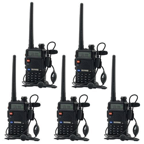 BaoFeng UV-5R UHF VHF Dual Band Two Way Radio Walkie Talkie with 5 Earpieces + 1 Programming Cable, 5 Pack